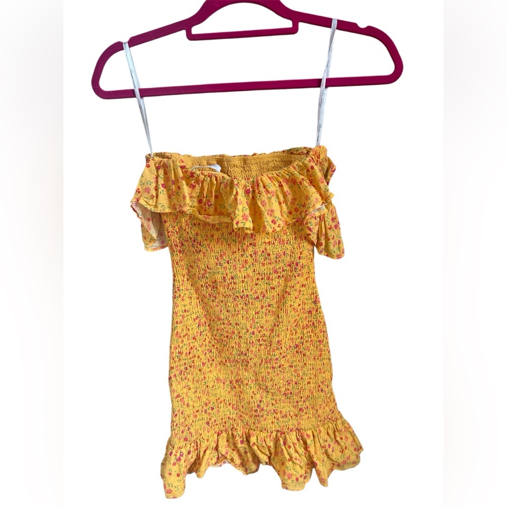 XS Lovers + Friends Yellow Floral Strapless Mini Dress w/ ruffle and ruching